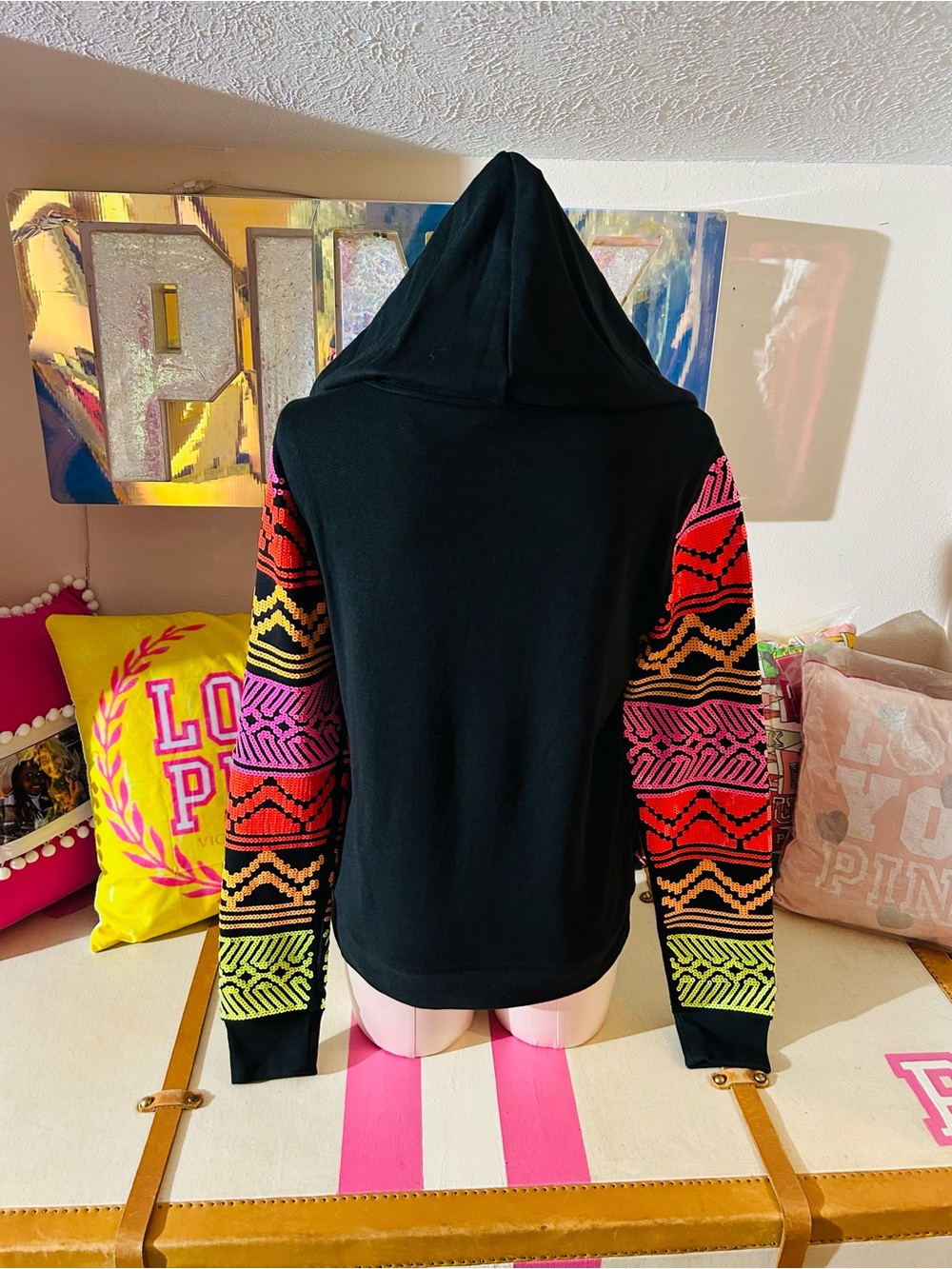 NWT PINK Black Zip up with Neon Aztec sequin sleeves - Picture 2 of 2